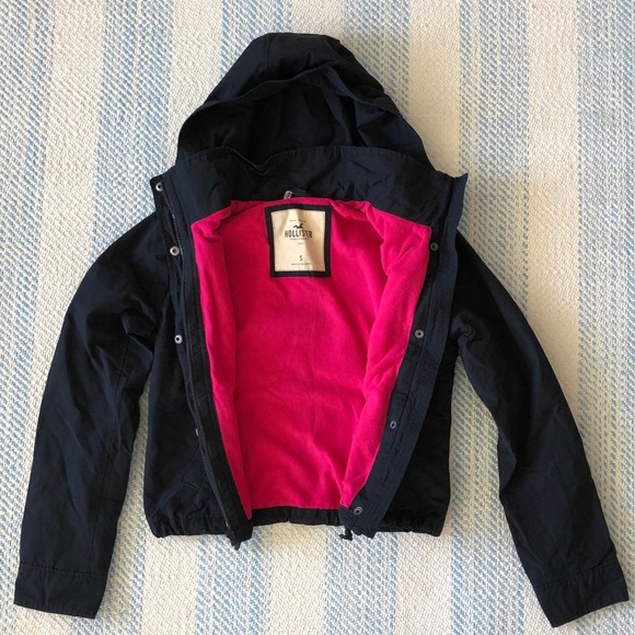 Cropped Navy & Hot Pink Fuchsia Rain Jacket with Hood - Picture 3 of 5